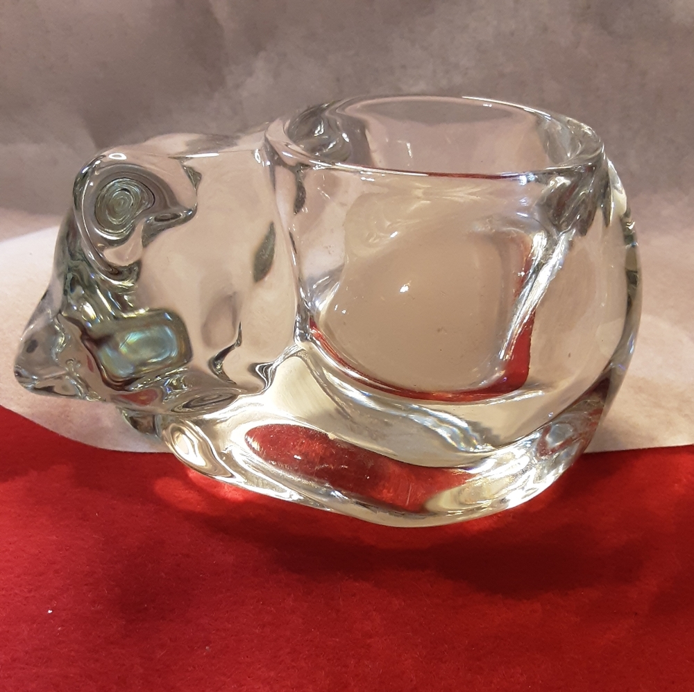 1990s Indiana Glass. "Nvr Used/Display Only" Cat votive candle holder.